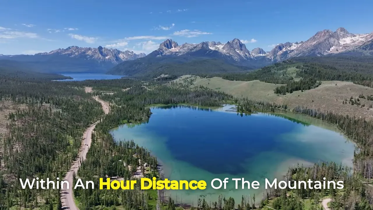 Mountain lake and peaks with text stating within an hour distance of the mountains