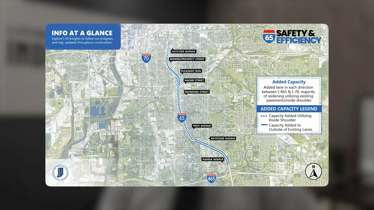 Infographic map labeled 'Safety & Efficiency' showing the I-65 corridor between I-465 and I-70 with an added capacity legend.