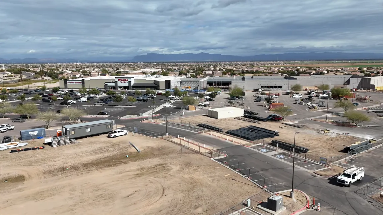 Aerial view of retail construction and roads in San Tan Valley