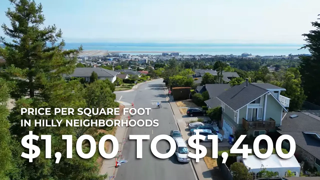 Aerial view of a hilly residential street with the bay in the background and overlaid text reading 'PRICE PER SQUARE FOOT IN HILLY NEIGHBORHOODS $1,100 TO $1,400'.