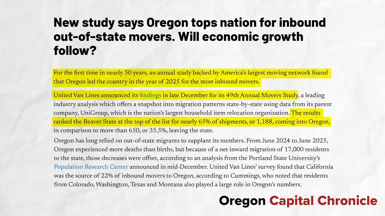 Article headline stating Oregon tops nation for inbound out of state movers with highlighted passages about inbound growth
