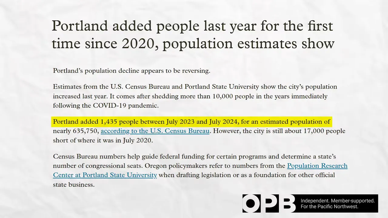 News article headline stating Portland added people for the first time since 2020