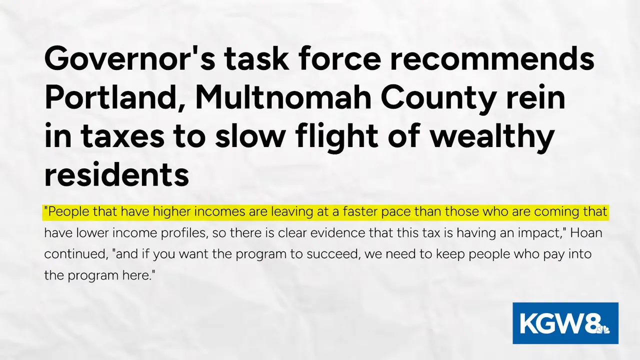 News headline about task force recommending Portland and Multnomah County rein in taxes to slow flight of wealthy residents