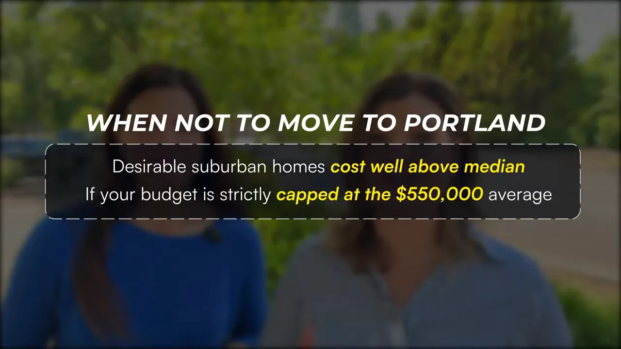 Slide titled when not to move to Portland stating desirable suburban homes cost well above median and budgets capped at the 550000 average may struggle