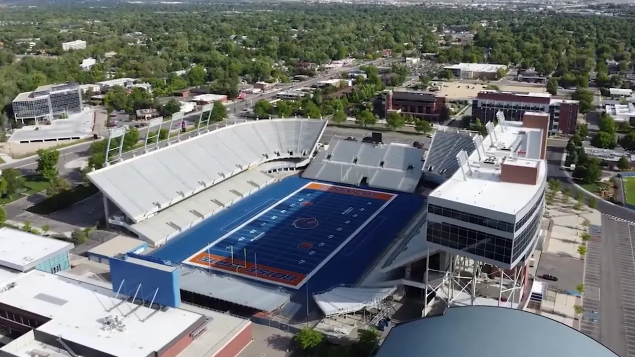 aerial view of Boise State football stadium with blue field