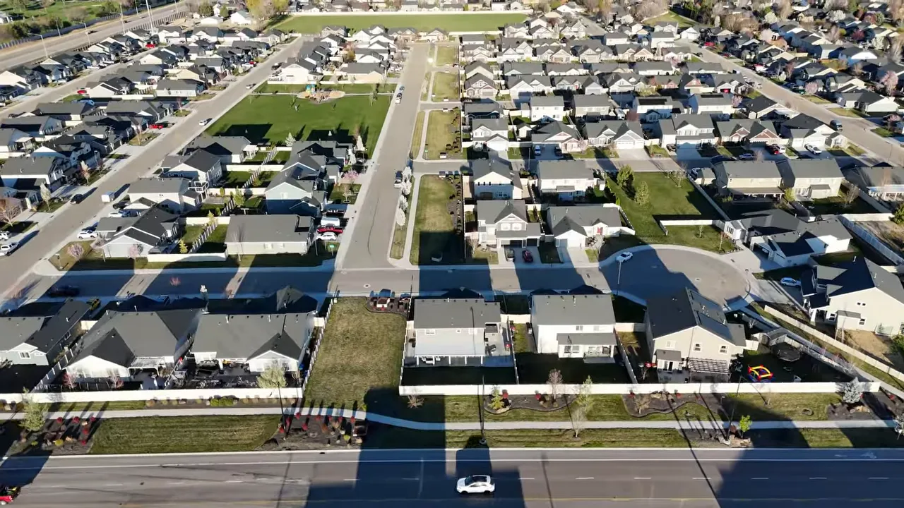 Aerial view of Boise-area residential neighborhood streets and homes