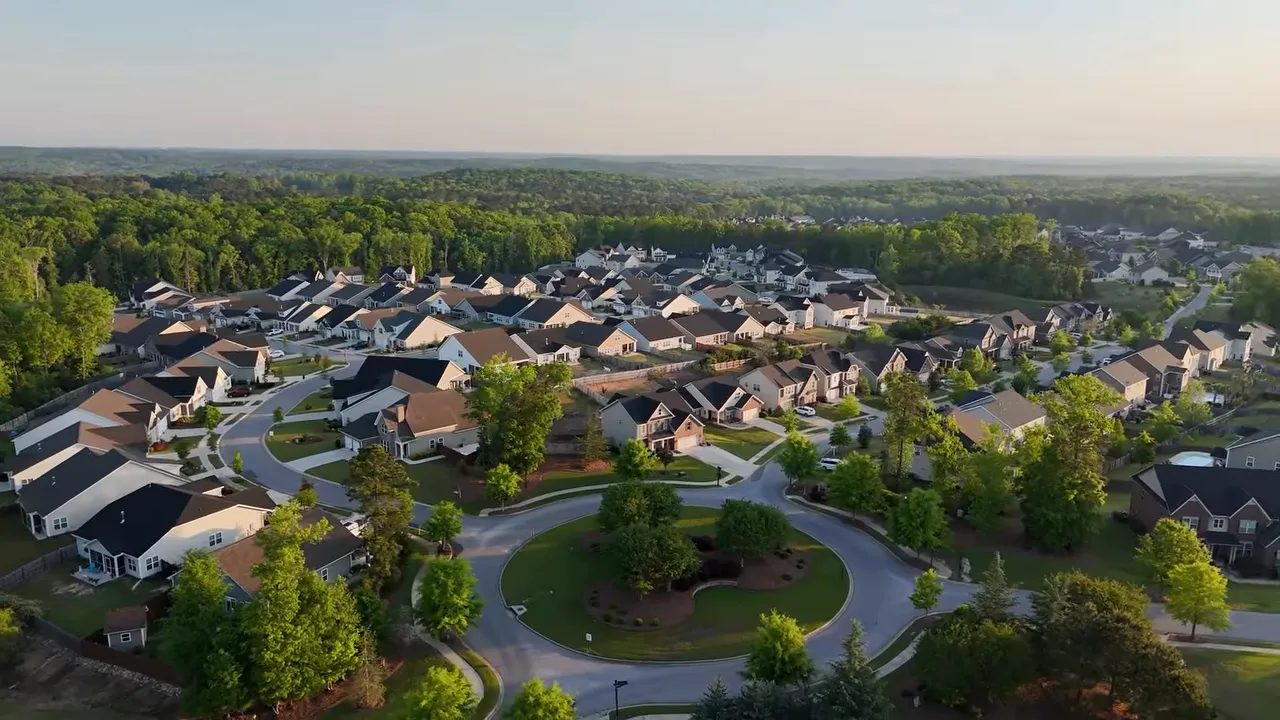 Aerial view of master planned neighborhood with roundabout and homes