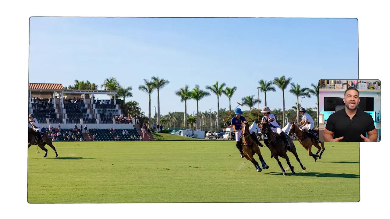 Polo match in progress on a grass field with grandstand seating in the background