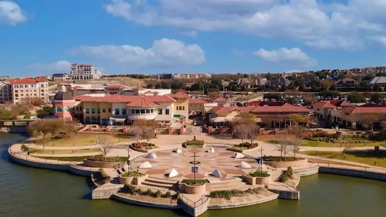 Aerial view of the amenity center area and surrounding community at The Terraces DFW Rockwall
