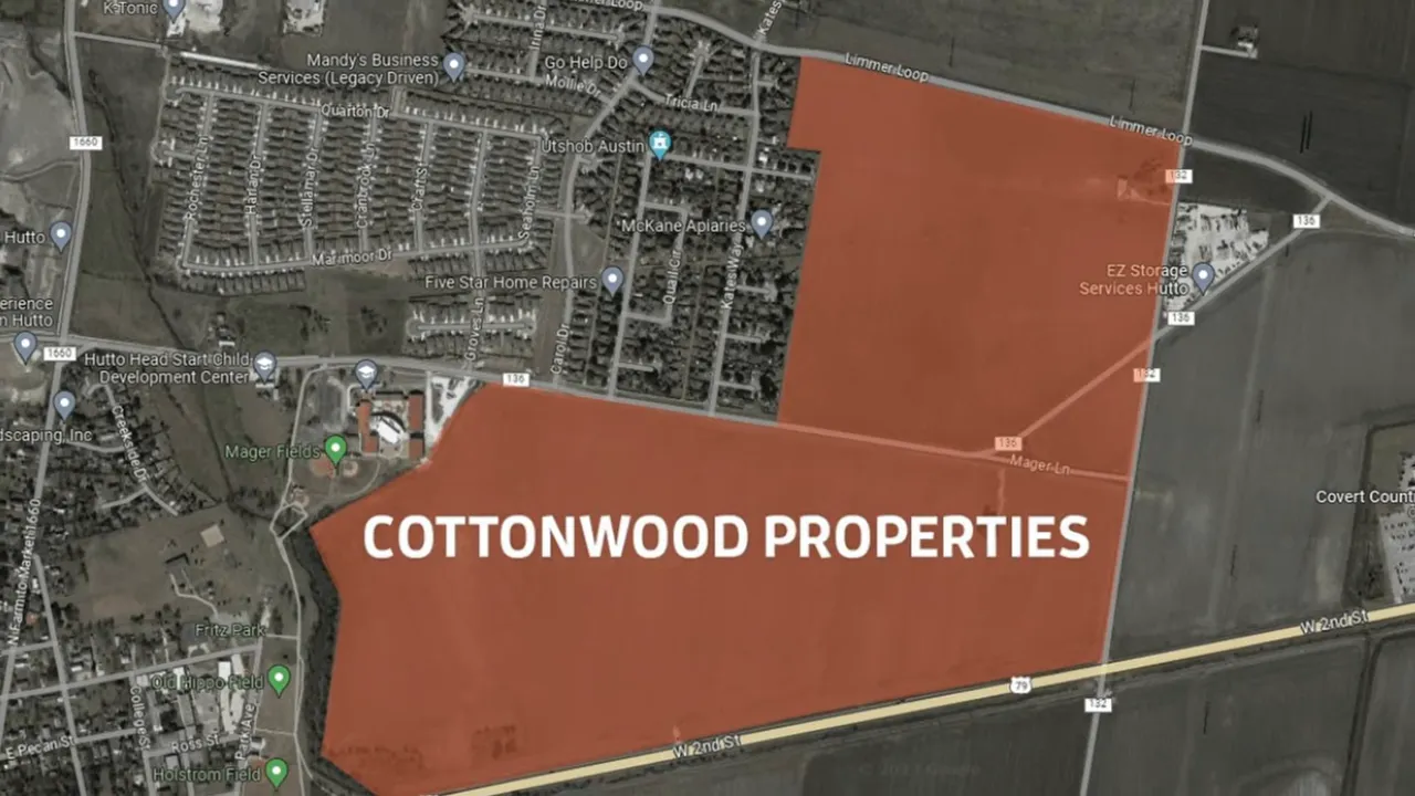 Map showing the outlined Cottonwood properties site in Hutto