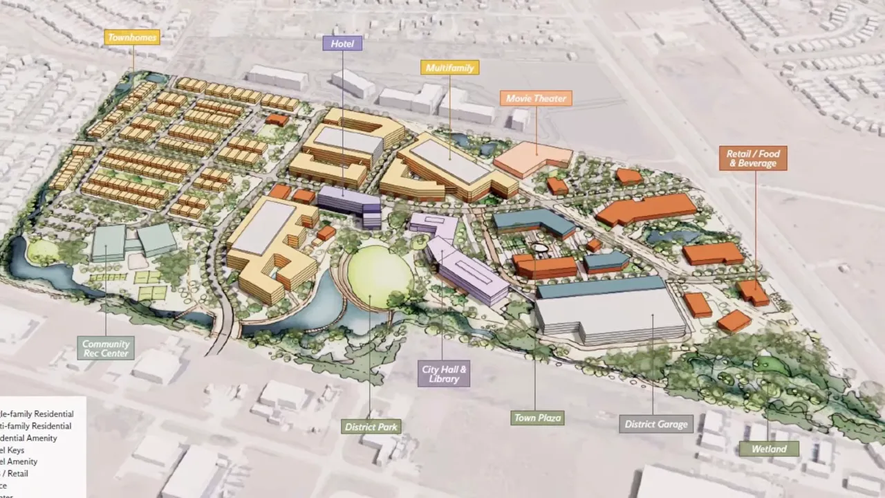 Illustrated site plan for Manor Town Center showing mixed use blocks and streets