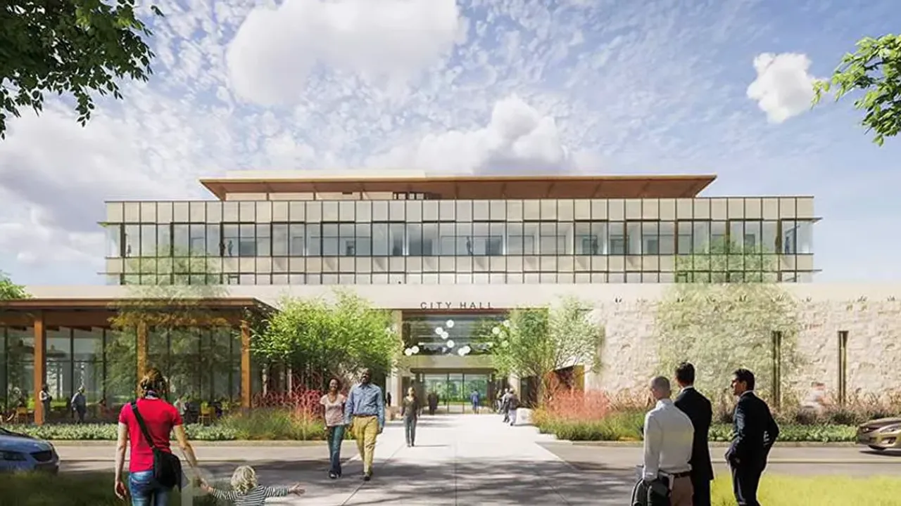 Rendering of a civic building labeled Pflugerville City Hall