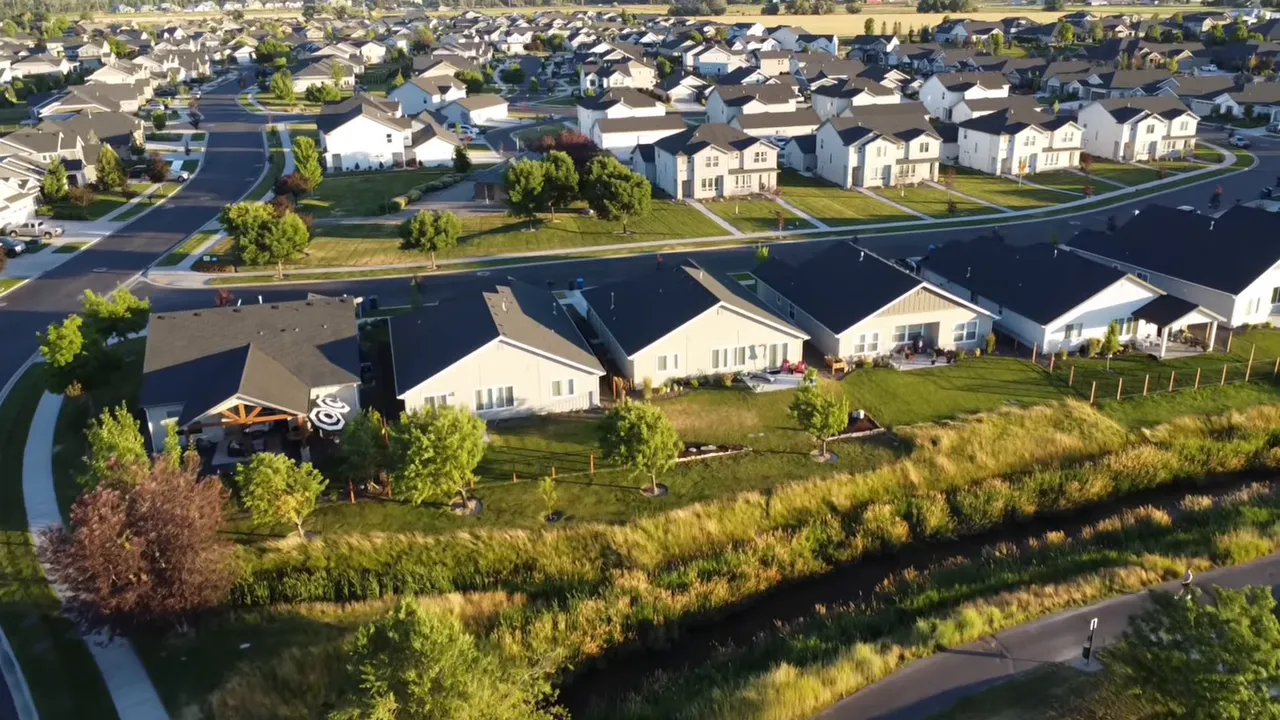 Aerial view of a master-planned suburban neighborhood in Eagle, Idaho