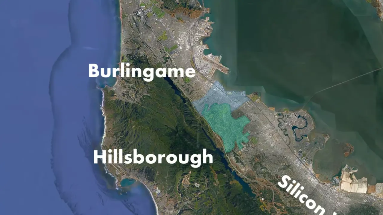 Map of the peninsula labeled Burlingame and Hillsborough