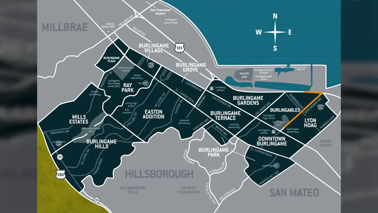 Map of Burlingame neighborhoods with sections highlighted