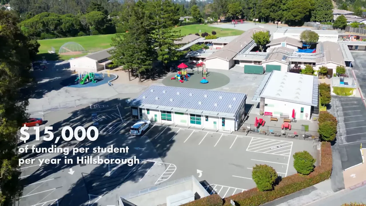 Aerial view of school campus with text showing 15000 of funding per student per year in Hillsborough