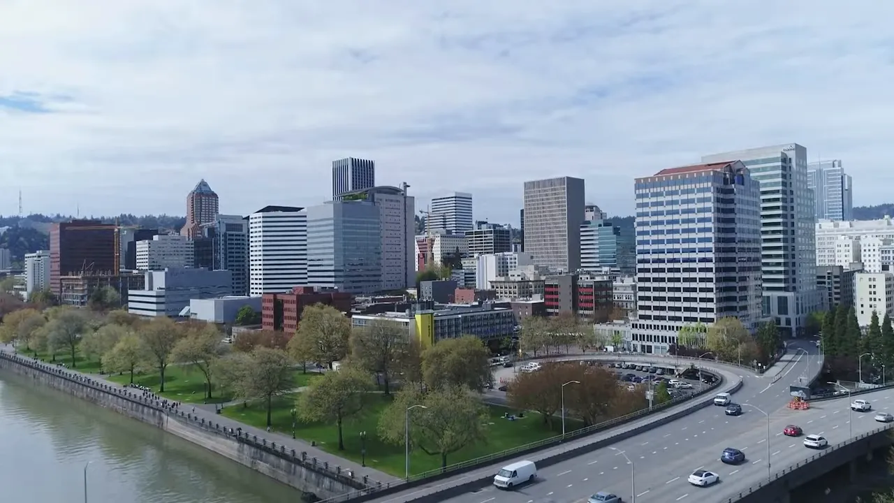 Wide view of Portland downtown buildings along the Willamette River