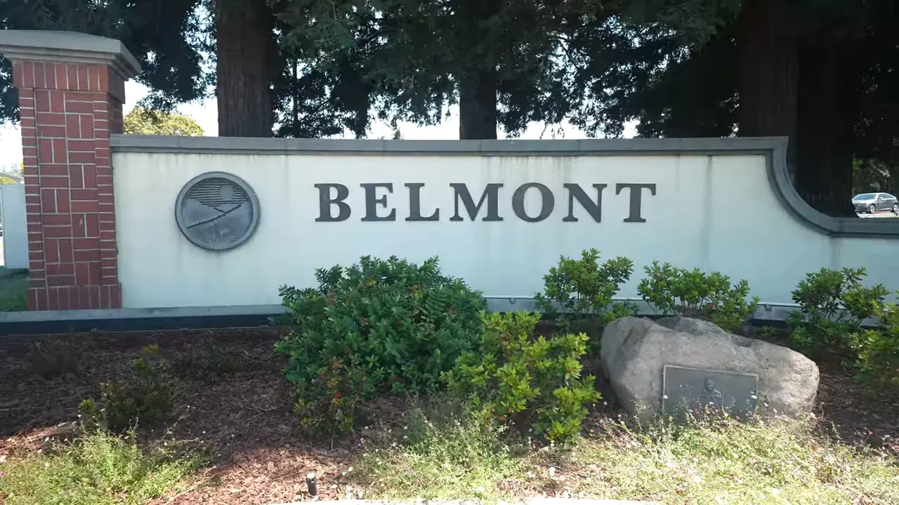 Belmont city entry sign with landscaping