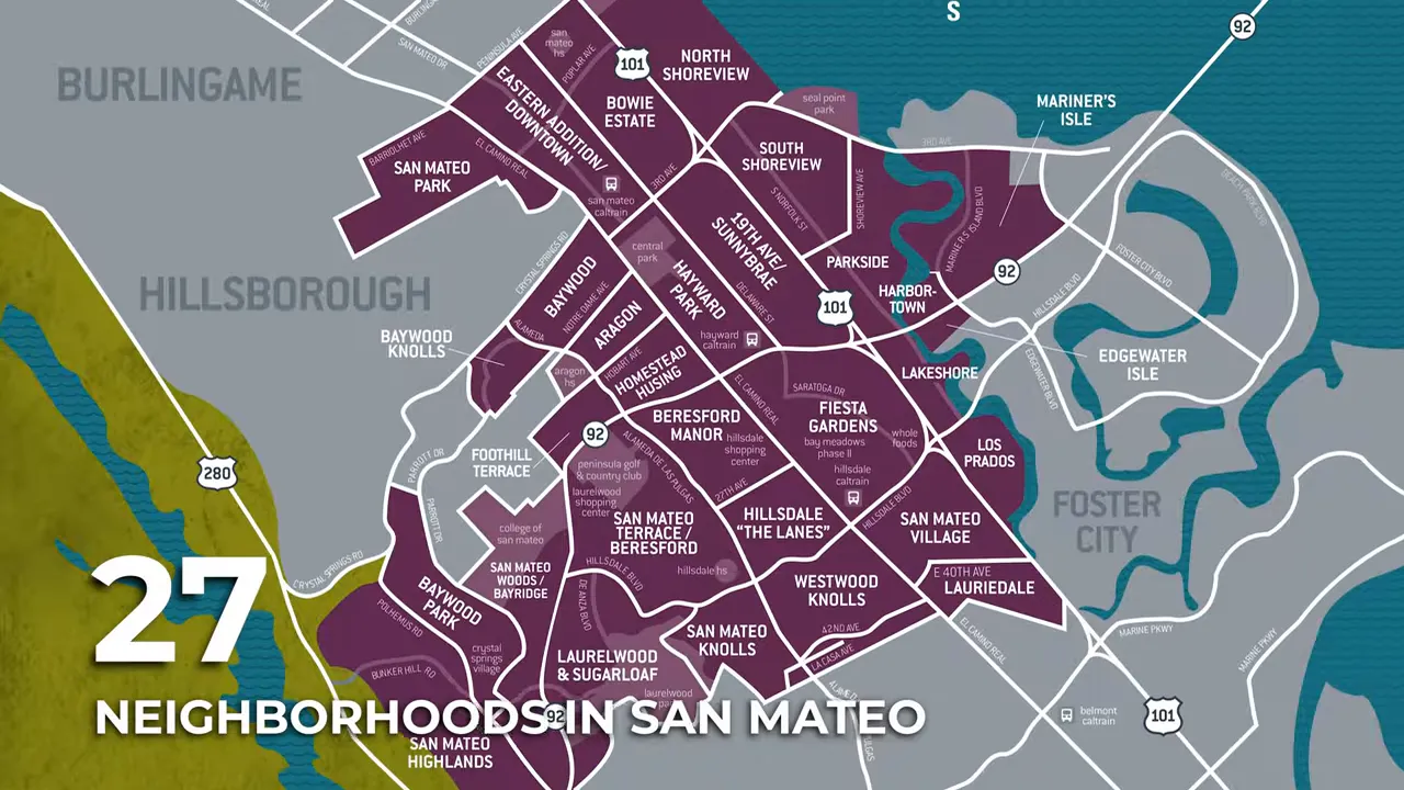 Map graphic showing 27 neighborhoods in San Mateo