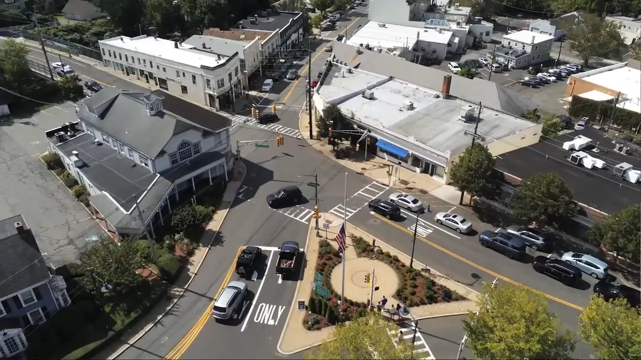 Aerial view of downtown Bernardsville NJ street and intersections