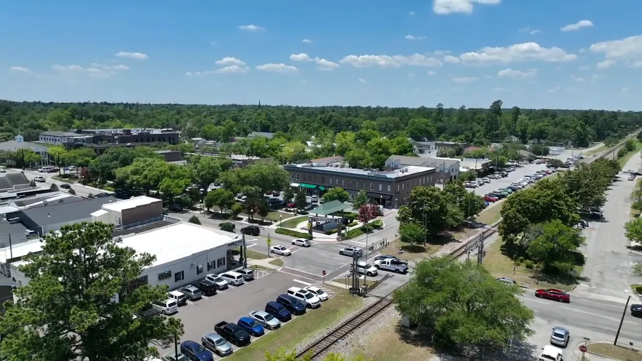 Aerial view of Summerville SC showing roads, parking lots, and active development