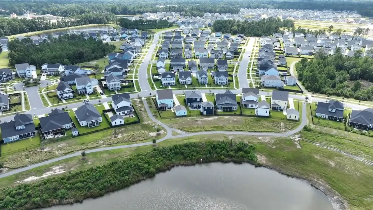 Aerial view of a Summerville SC neighborhood with homes and roads
