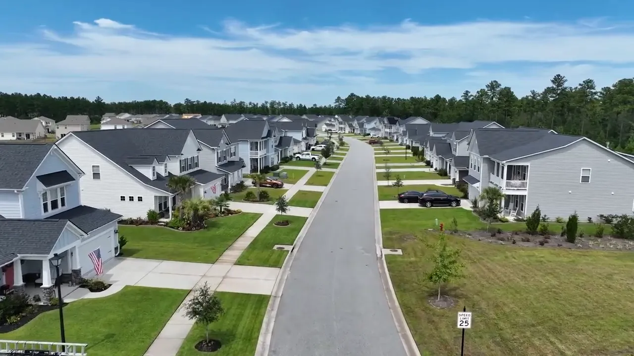 Aerial view of a master-planned community street with modern homes in Summerville SC