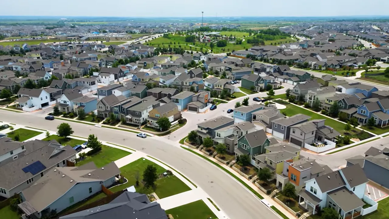 Aerial view of Easton Park homes and amenity area