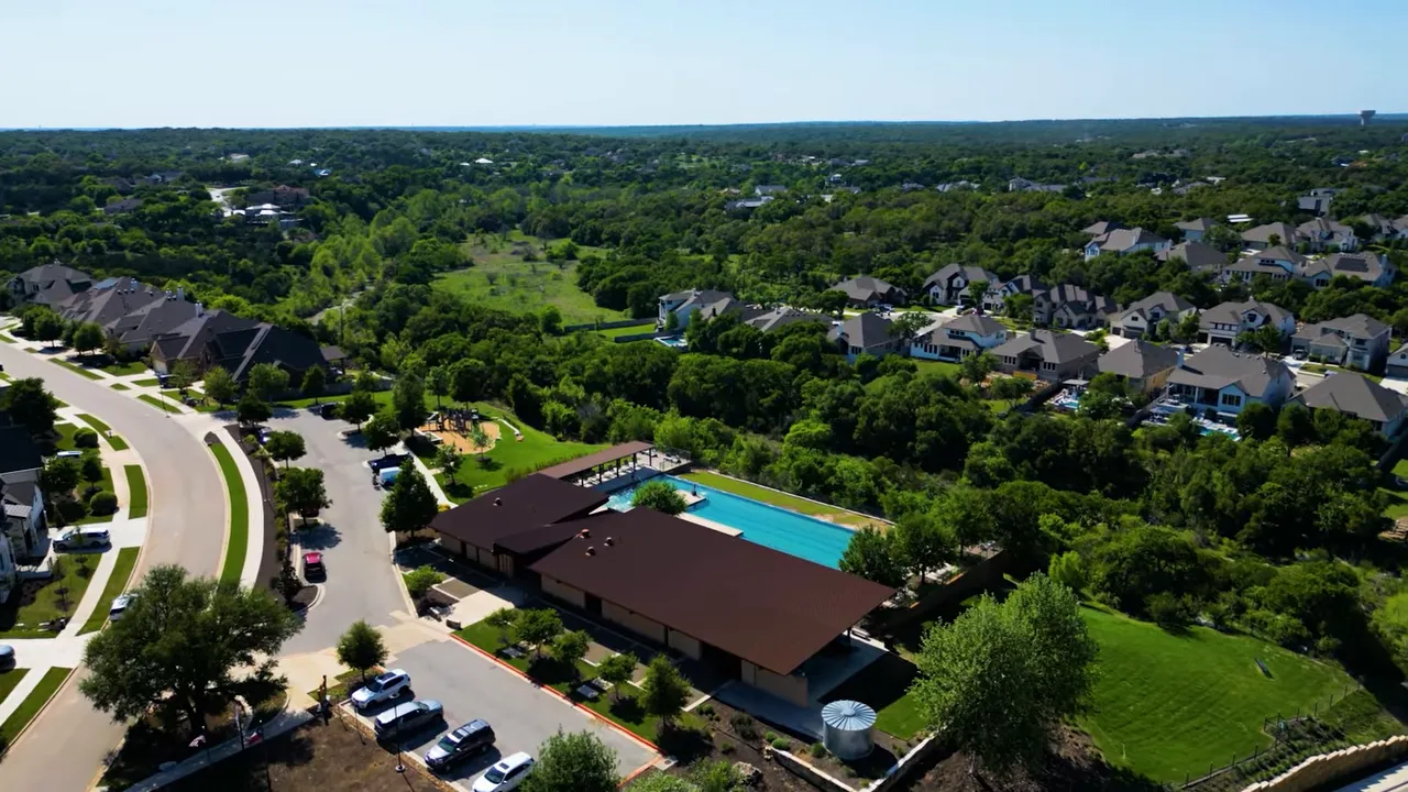 Aerial view of Wolf Ranch amenity center and pool