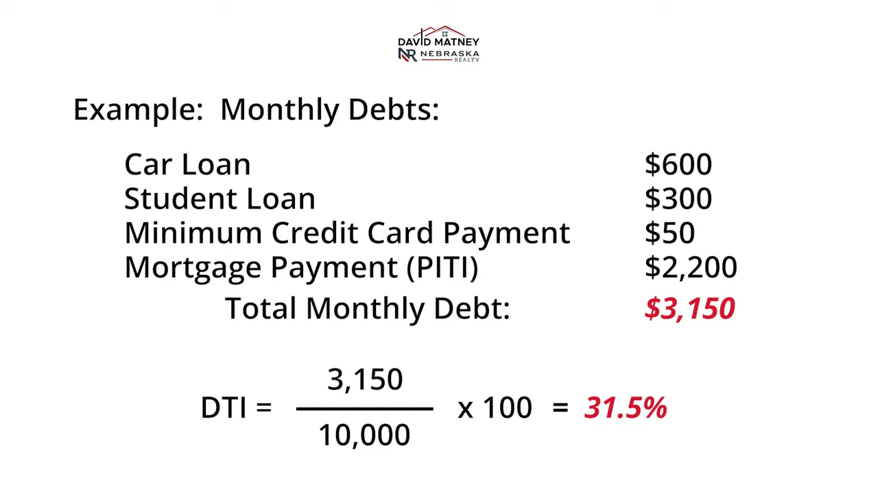 Slide showing the monthly debt breakdown and the DTI calculation with result = 31.5% highlighted in red.