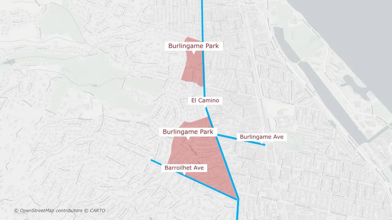 Map showing Burlingame Park location relative to El Camino and Burlingame Avenue