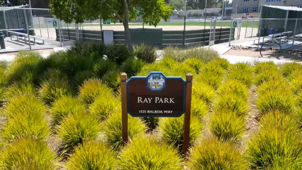 Ray Park sign in Burlingame, California surrounded by landscaping