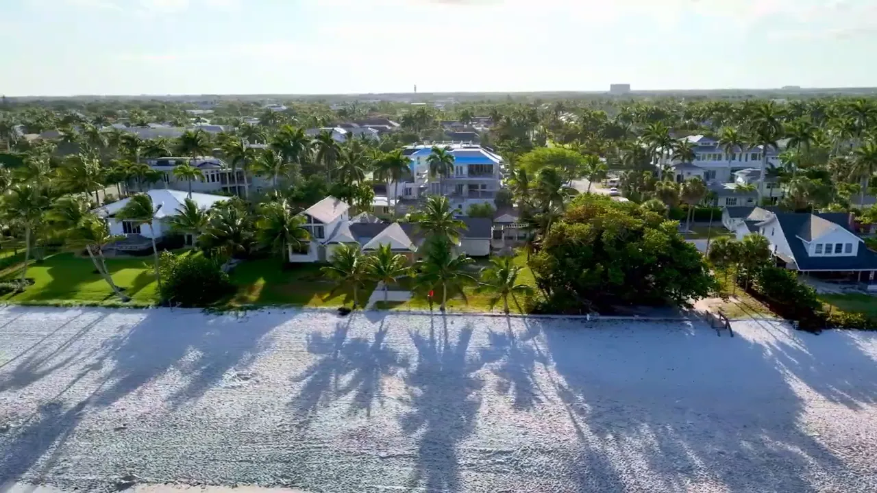 Aerial view of beachfront homes and palm-lined street facing the Gulf
