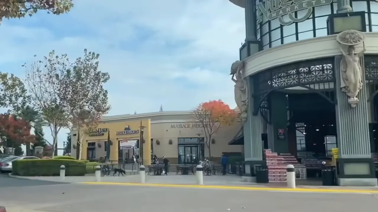 Nugget Markets entrance and adjacent shops at a pedestrian plaza in daytime.