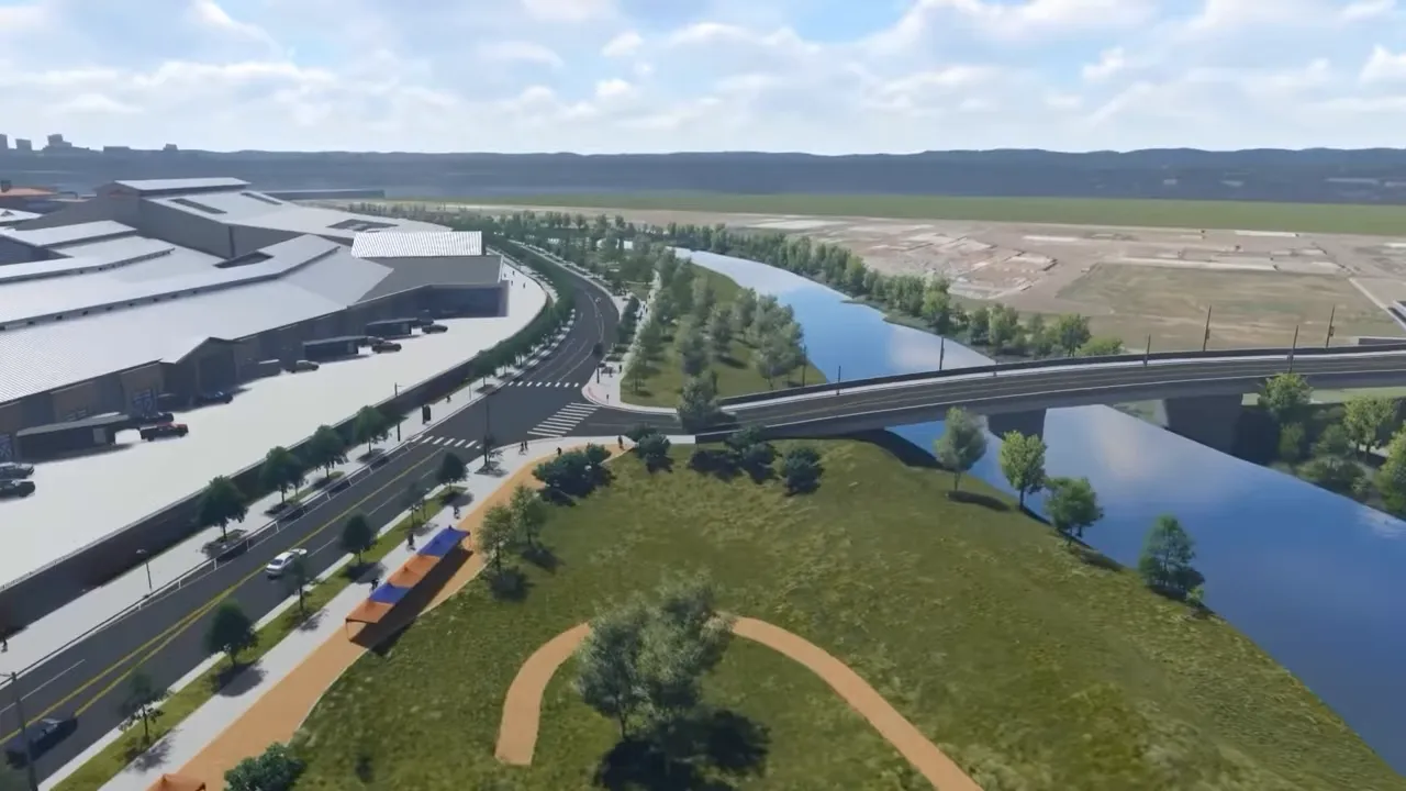 Rendering of a pedestrian bridge crossing water near the national western campus