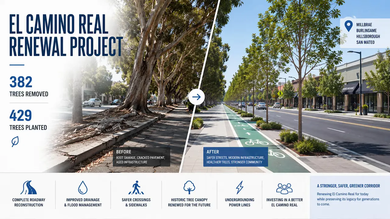 El Camino Real Renewal Project graphic comparing old tree canopy and new streetscape