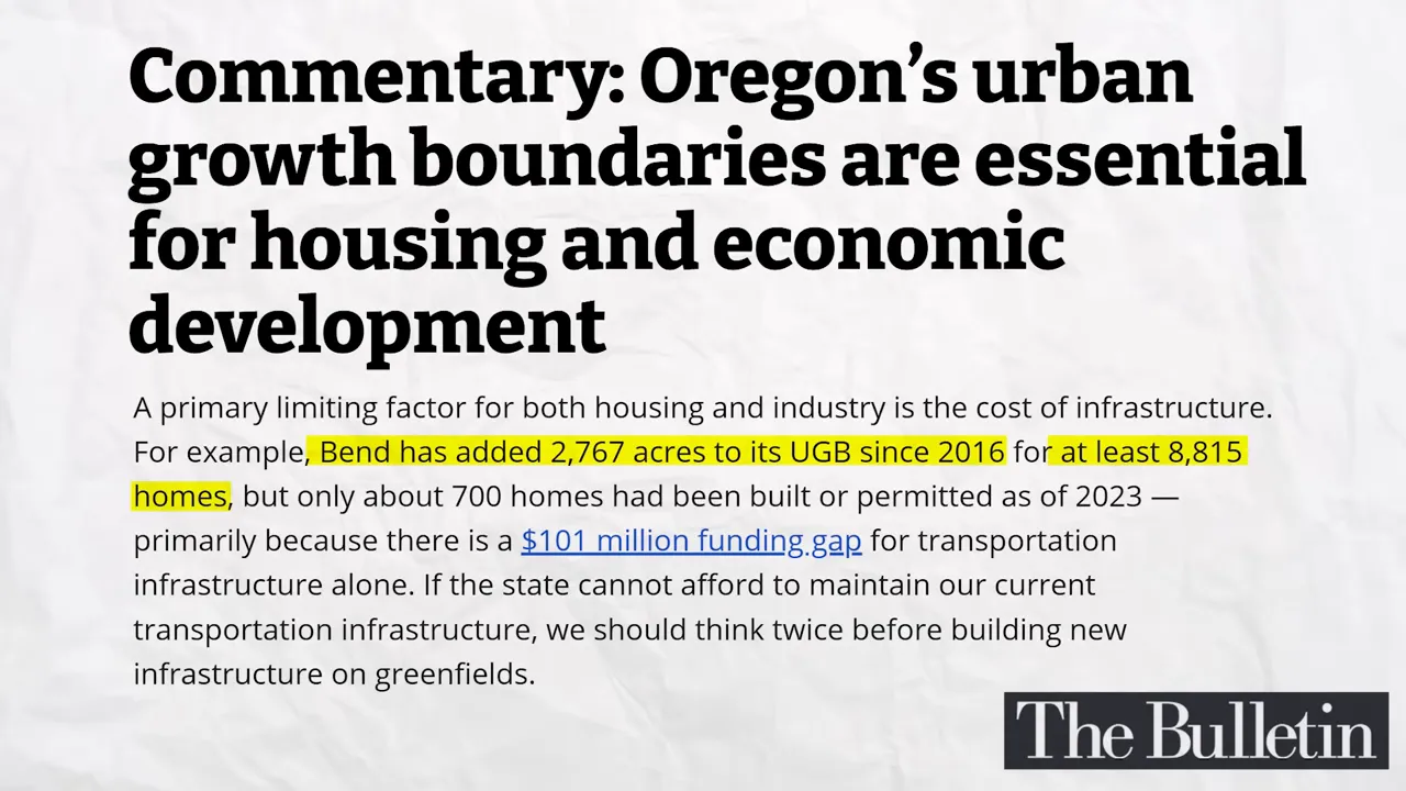 Article screenshot showing commentary about Oregons urban growth boundaries with highlighted statistics about acres homes and funding gap