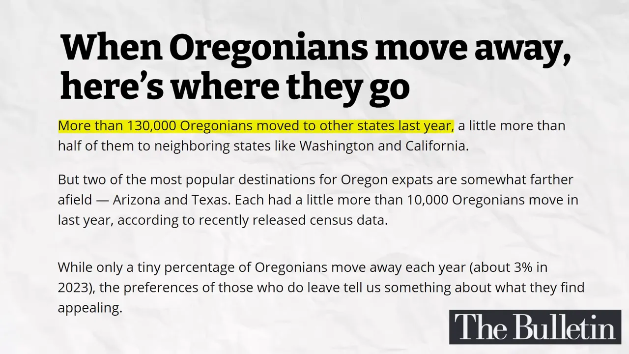 Article screenshot titled When Oregonians move away heres where they go with highlighted line about more than 130000 Oregonians moving out