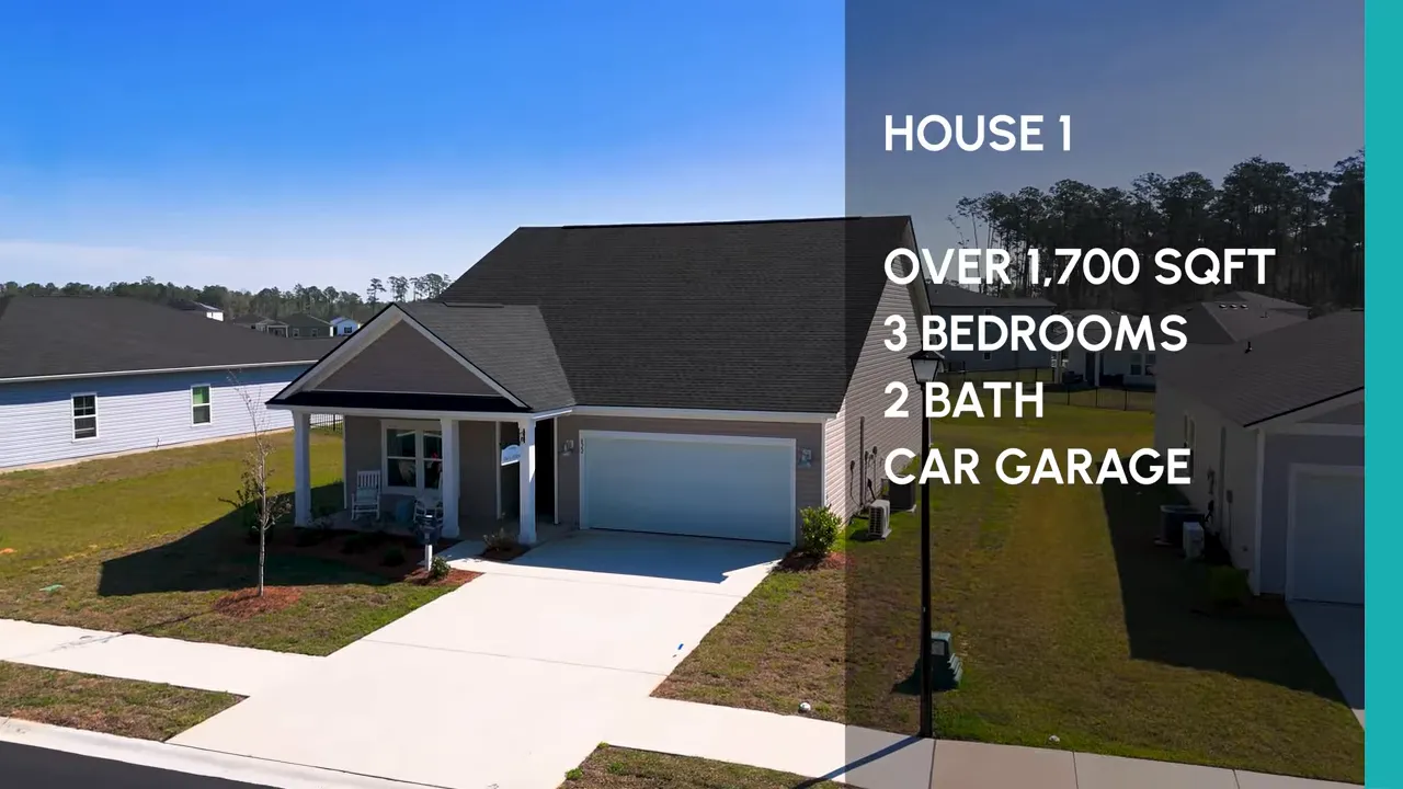 House 1 overview graphic for the St. Phillips plan showing over 1,700 sq ft, 3 bedrooms, 2 baths, and 2-car garage