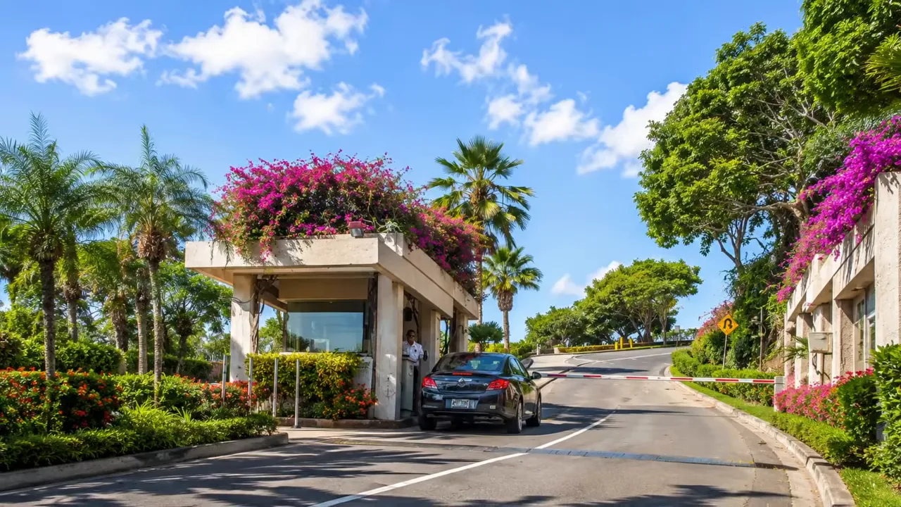 Hawaii Loa Ridge entrance sign surrounded by tropical landscaping