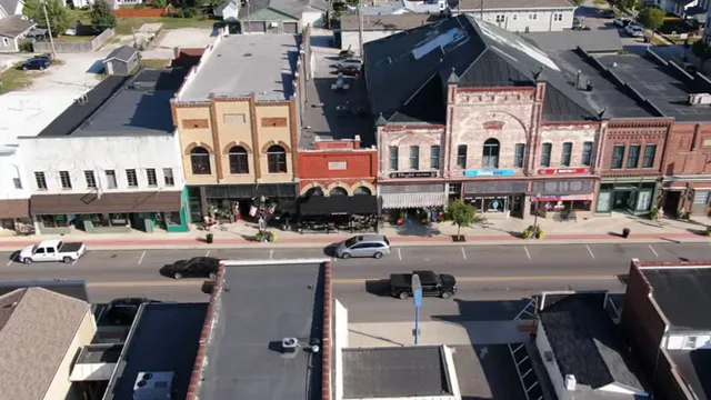 Aerial view of brick storefronts along historic downtown Pendleton