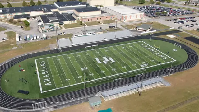 Aerial view of Pendleton Heights football field and school buildings