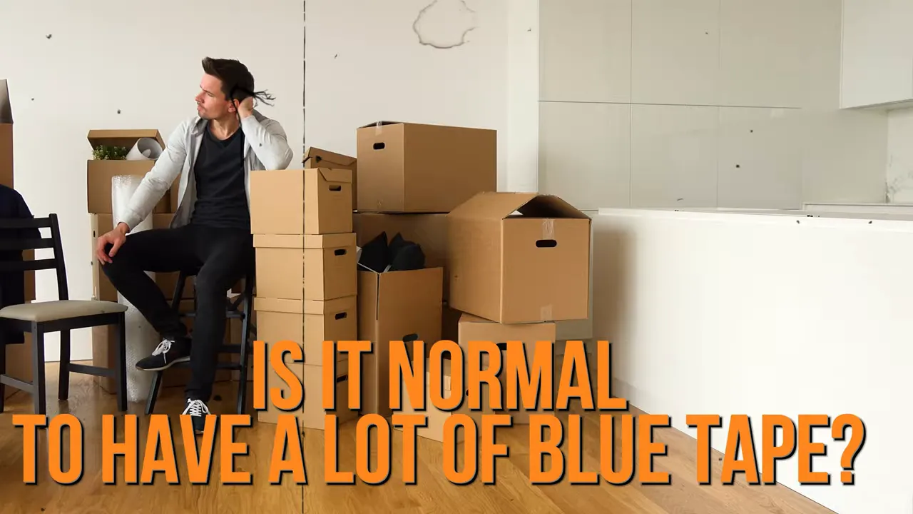 Text overlay saying “Is it normal to have a lot of blue tape?” during a new construction walkthrough