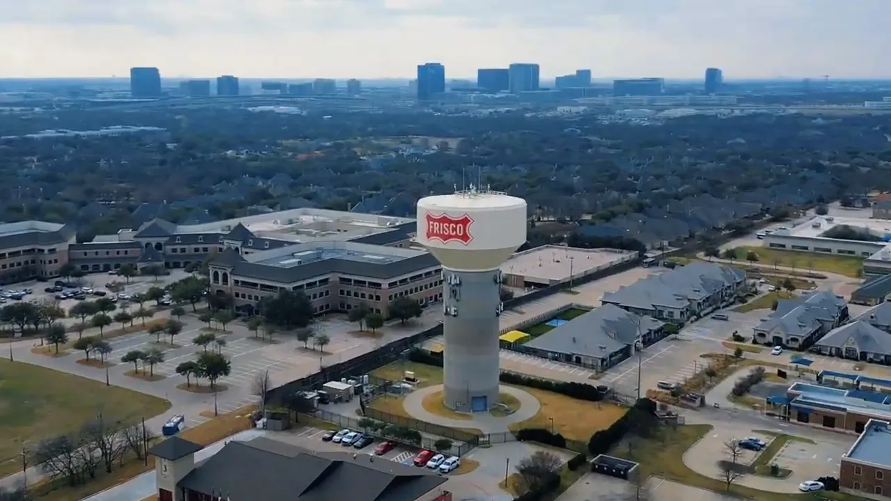 Aerial view of Frisco TX skyline and neighborhoods