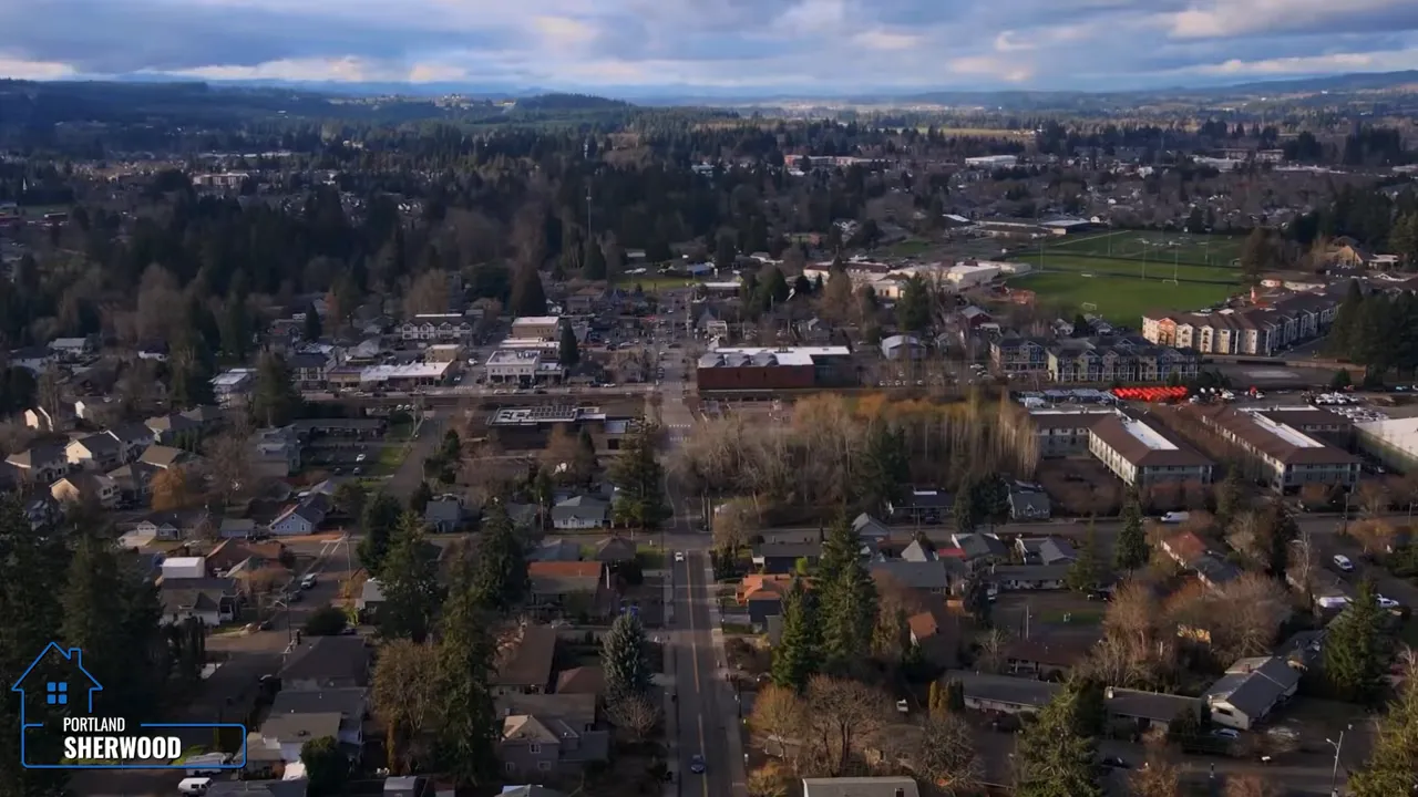 Aerial view of Sherwood Oregon showing residential streets and green space