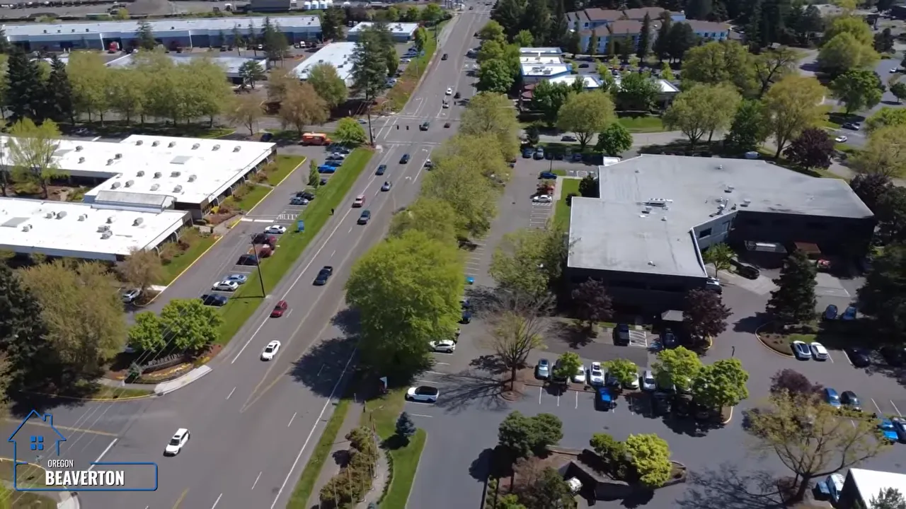 Aerial view of streets and commercial properties in Beaverton, Oregon