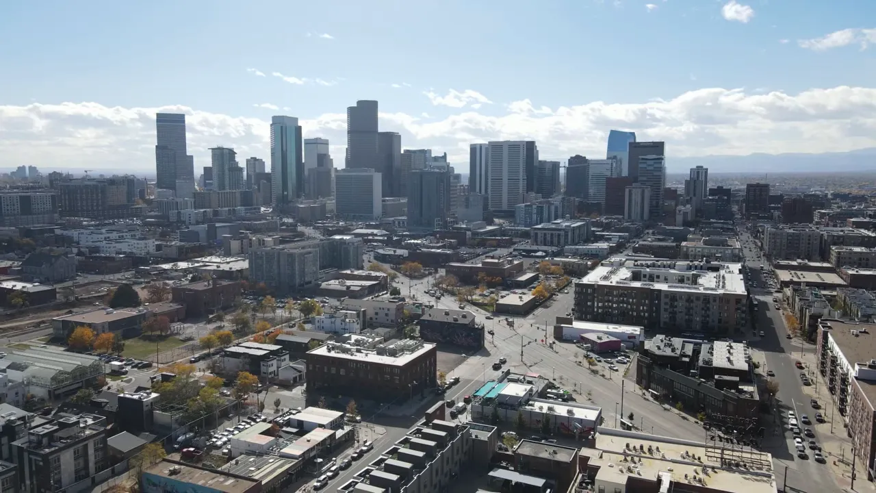 Aerial view of downtown Denver skyline and city streets