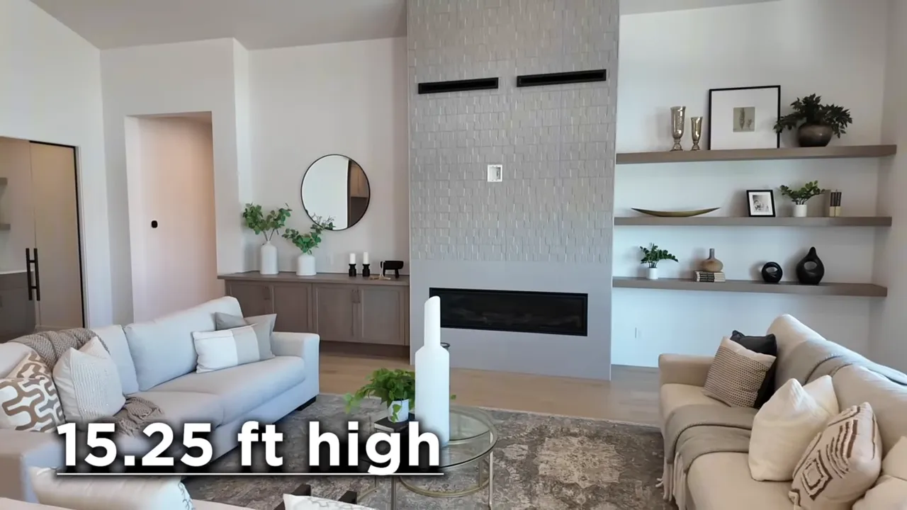 Dry Creek Ranch great room showing 15-foot ceiling height above the fireplace wall