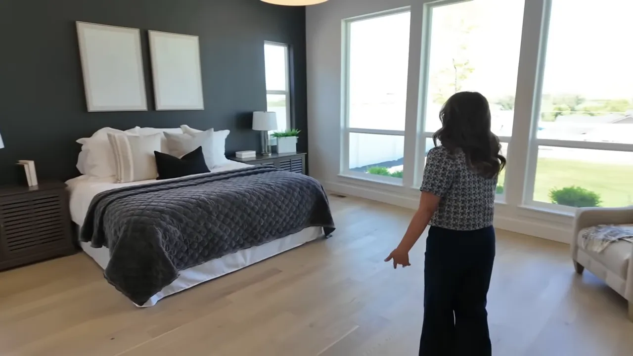 Primary bedroom in Dry Creek Ranch with large windows and dark accent wall