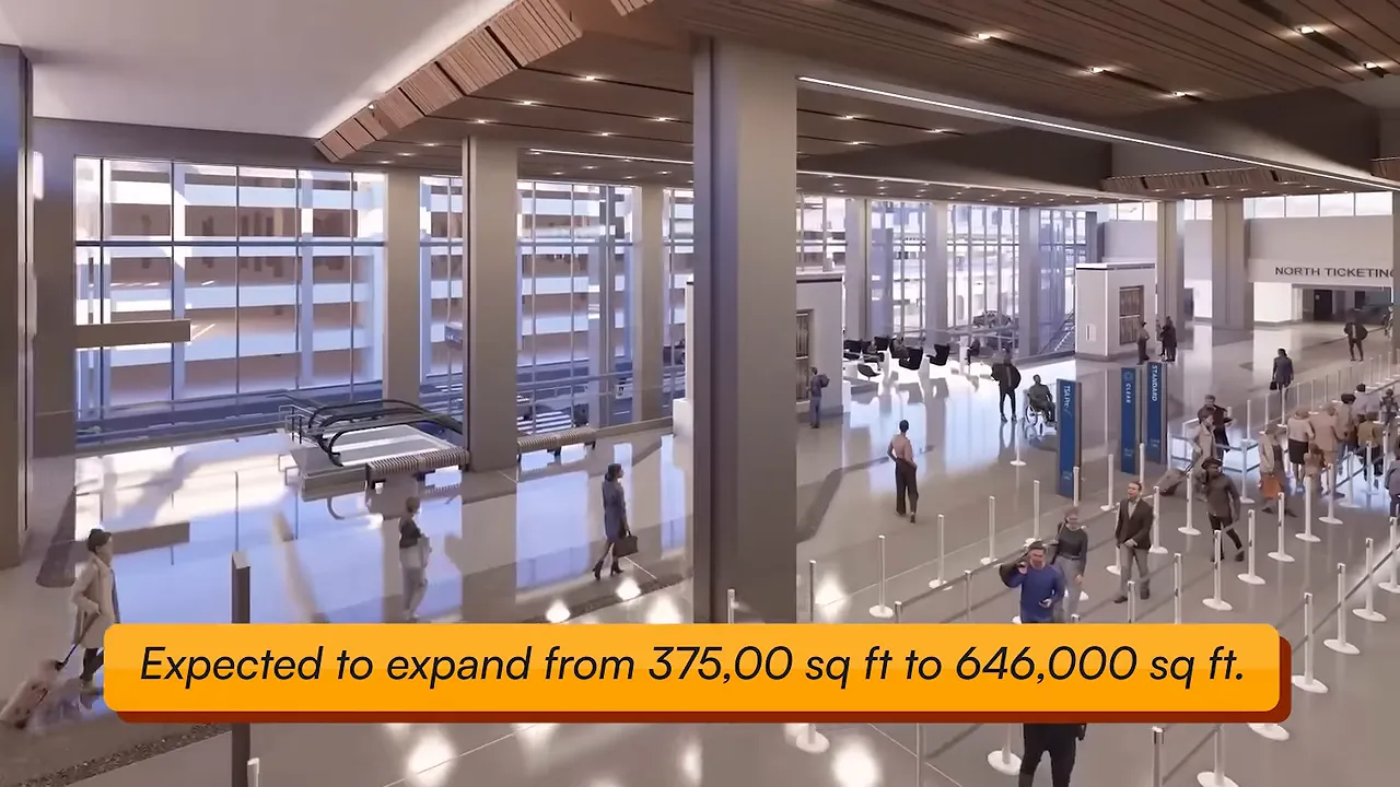 Airport terminal rendering showing expanded interior with travelers and overhead signs